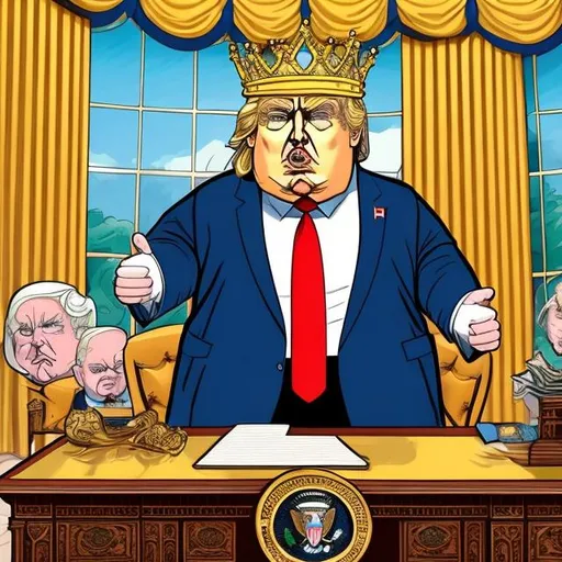Prompt: Obese Trump as king with a golden crown with sapphire on his head at his desk, too long red tie + dark-blue uniform with military medals and ribbons, Oval Office scene, Sergio Aragonés MAD Magazine cartoon style 