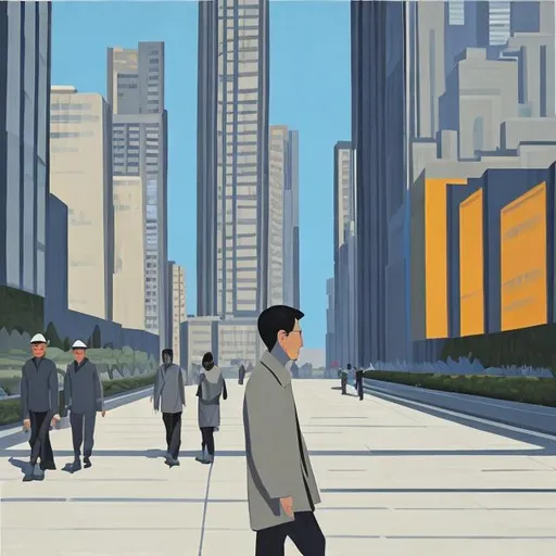 Prompt: Alex Katz style art with Asian man in city environment