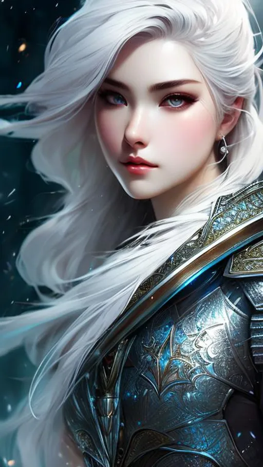 Prompt: brave, sword, hyper detailed painting by sakimichan style and wlop style, female, armor, knight, white hair, silver hair, princess, 4k, 2k, full hd, high res, full face, pixiv, a fantasy style portrait, full body