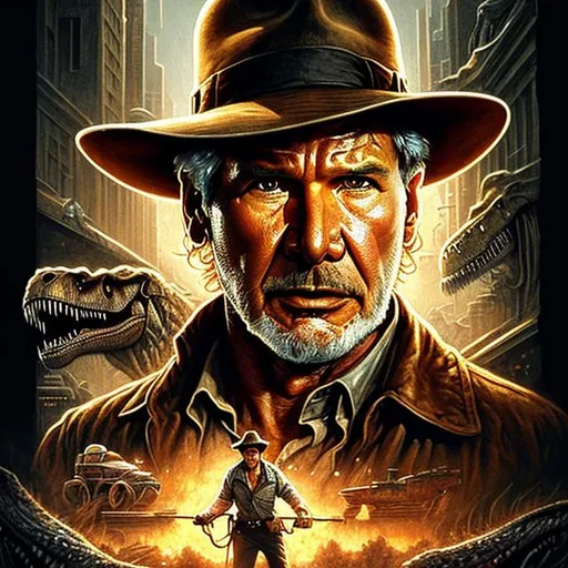 Prompt: ultra realistic illustration, incredibly detailed Harrison Ford face, {{Indiana Jones being chased by a T-Rex}}, intricate, elegant, highly detailed, digital painting, artstation, concept art, smooth, sharp focus, illustration, art by artgerm and greg rutkowski and drew struzan