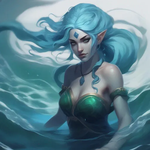 Prompt: dnd a female water genasi with pale blue skin and dark blue and green hair flowing water