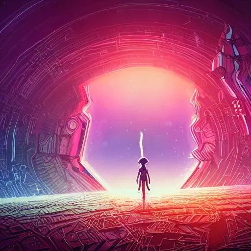 Prompt: 4k, high res, digital art, style of android jones, of a small frightened neon alien, alone, standing by a big hole, ominous, middle of the desert, dark sky, blue moon, shadowed obelisks, alien plant life, small fluorescent scorpions sparsely scattered on the ground, symmetrical, geometric patterns, cyberpunk color scheme, cyberpunk tech, creepy 