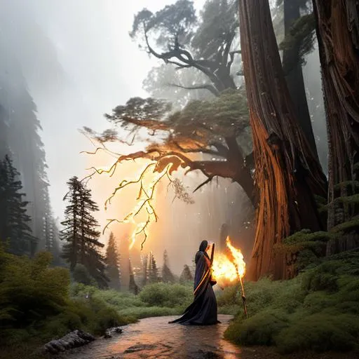 Prompt: landscape: old redwood Forest, 
digital art, subject: ultra detailed beautiful sorceress wearing long billowing dark robes; she's holding a wooden staff, casting a spell near a campfire, it's golden hour and a heavy mist shrouds her, colorful wildflowers along path, a massive storm cell rages overhead, Full shot, lightning, octane render, trending on artstation, deviantart.