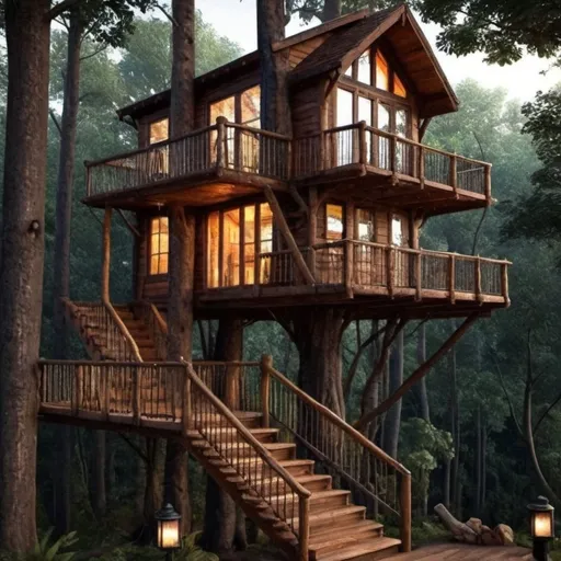 Prompt: Treehouse tiny home in the forest, large tree trunks as support, stairs ascending towards the grand entrance, treetop canopy balcony, natural materials, high quality, realistic rendering, warm earthy tones, soft natural lighting, detailed textures, serene atmosphere, cozy and inviting, forest dwelling, tiny house, cabin, large windows, rustic, wooden architecture, immersive natural setting