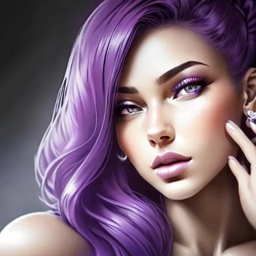 Prompt: Beautiful woman portrait Purple hair, eyes and lips, facial closeup
