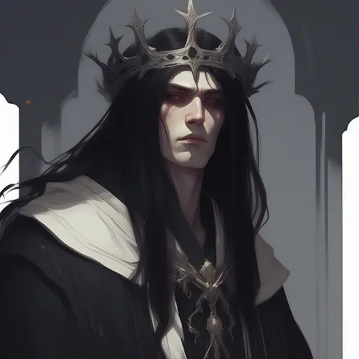 Prompt: dnd a thin and tall human man with long straight black hair and pale skin wearing a black thorn crown and a black toga god of death
