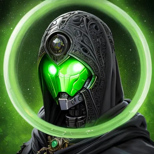 Prompt: portrait of warforged warlock with short, green eyes, black cloak , in green magitek background, D&D setting, perfect composition, hyperrealistic, super detailed, 8k, high quality, trending art, trending on artstation, sharp focus, studio photo, intricate details, highly detailed, by greg rutkowski and alphonse mucha