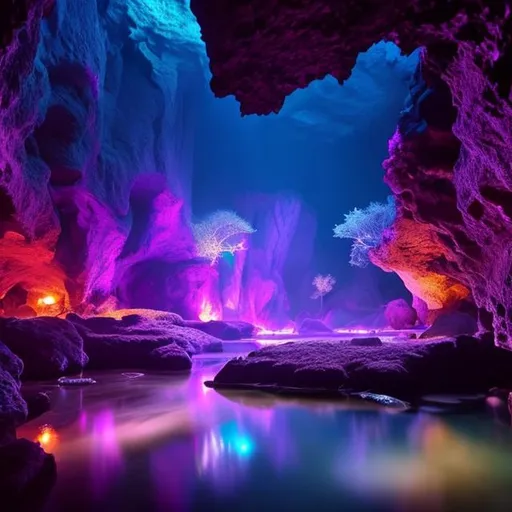 Prompt: Cave, water, dark, misty, crystals, blues greens purples, stream, underground, glow, fantsy, purple goblin like creatures, adventure, magic, dim lighting