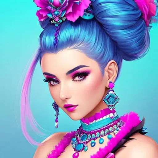 Prompt: An extremely gorgeous woman,  with top knots full of cyan jewels, in color scheme of cyan and magenta