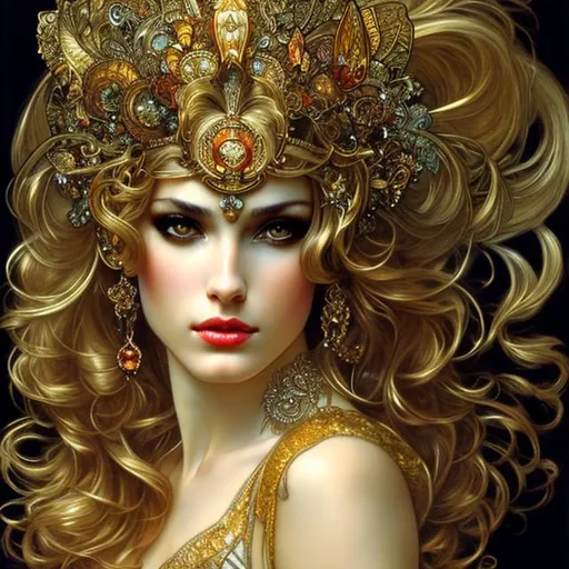 Prompt: Amazonian queen, scared, golden hair, exotic, beautiful, Alphonse Mucha, Luis Royo, Ayami Kojima, Joyce ballantyne 