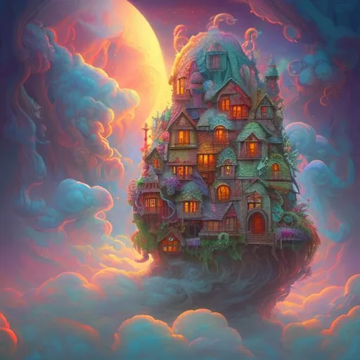 Prompt: a house in the clouds by Mike Campau and Lisa Frank and Ron Arad
Style: Fantasy Art