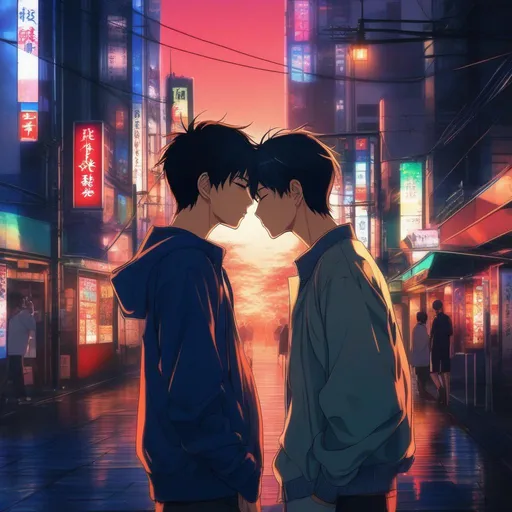 Prompt: Two young men kissing, in the middle of tokio, night colours, anime art, rosy cheeks, UHD wallpaper, 