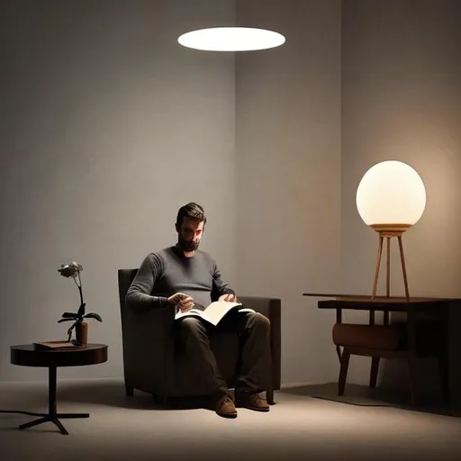 Prompt: a man reading a book, seating on an armchair, in a dark room with only one tall flor lamp.
