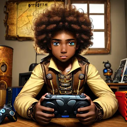 Prompt: African boy with curly hair and brown eyes in his room playing videogames steampunk art