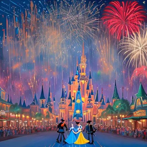 Prompt: A Mary Blair-inspired painting of {Disney World's} {Main Street USA} that is facing {Cinderella's Castle} with fireworks in the background and a crowd of famous Disney Characters rendered in her signature style watching the Independence Day fireworks.