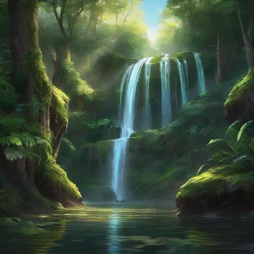 Prompt: Envision a glowing waterfall in a lush forest 