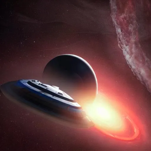Prompt: A starship that is a mix of Star Trek and Star Wars approaches another ship, a large black hole., cinematic lighting photo-realistic
