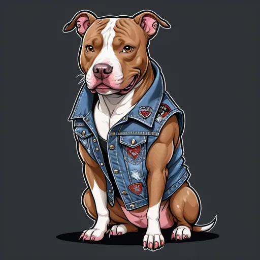 Prompt: pitbull dog wearing a heavy metal music denim vest with patches in a cartoon style 