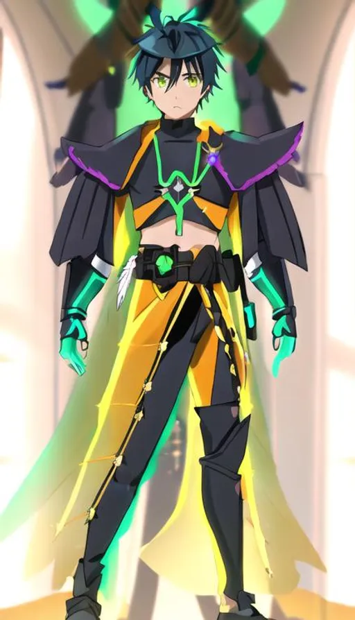 Prompt:  boy.bird wing catapalt,feather west armor,long feather tail head, fullbody tights . Dark Matter Emperor Dark Matter energy within him. kamenrider belt,swimwear and his gauntlets  Dark  veins pulsate beneath his skin, showcasing the potent force of Dark Matter energy. terrible.green body ,yellow tights.clober