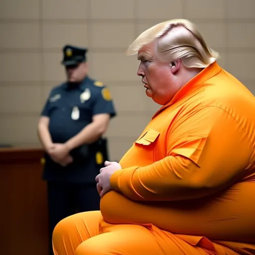 Prompt: fat trump in orange jumpsuit sitting in jail sad his lawyer talking to him.  