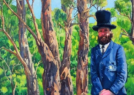 Prompt: Smiling portrait of {Ned Kelly gang} with  eucalypt tree with white trunk Bright blue sky, highly detailed, strong contrast colour palette, oil painting deep brush strokes, by  Pro Hart. Close up