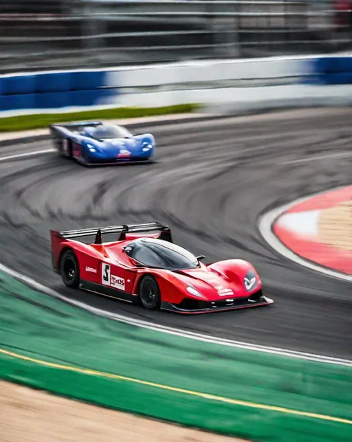 Prompt: Low angled panning shot of sleek race cars speeding around a track. Motion blur creates a sense of high velocity in the exhilarating style of automotive photographer Tim Scott, shot with a Sony A1 and 24-70mm lens.  