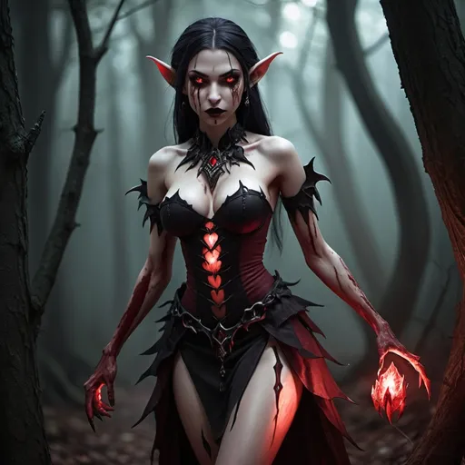 Prompt: Fantasy crystal skinned elf Dhampir, coarsest no skirt dark red, bloody claws, glowing eyes, black trim, full body, dark forest, bared fangs