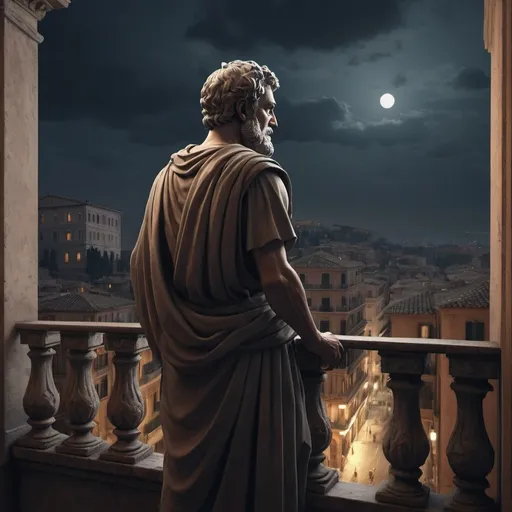 Prompt: A Stoic philosopher standing on a balcony overlooking a bustling Roman streets. The philosopher is calmly observing the daily life of the city, seemingly unfazed by the activity around them, dark ambient, dark background, volumetric, cinematic light, light and shade, chiaroscuro, detailed composition, octane rendering, artstation