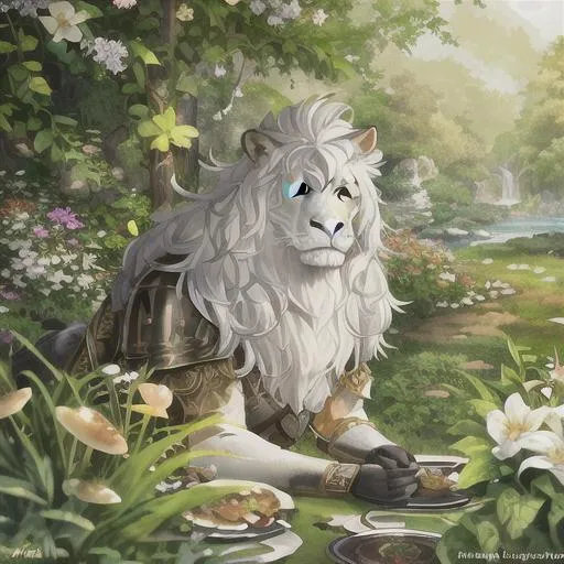 Prompt: portrait of a (Buff Leonin Paladin, with White fur and black skin, small lion ears) Wearing plate Armor. Jungle background with rustic camouflage details including leaves and Flowers and Colorful Mushrooms, D&D setting, perfect composition, hyperrealistic, super detailed, 8k, high quality, trending art, trending on artstation, sharp focus, studio photo, intricate details, highly detailed, by greg rutkowski and alphonse mucha


