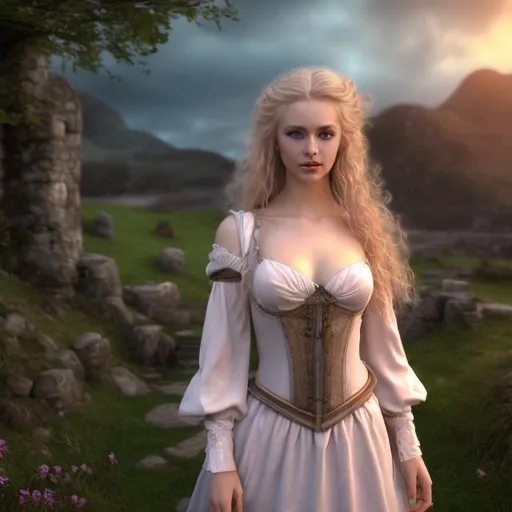 Prompt: HD 4k 3D professional modeling photo hyper realistic beautiful enchanting woman medieval welsh princess blonde hair fair skin blue eyes gorgeous face pink and white dress dark welsh dungeon magical night landscape hd background ethereal mystical mysterious beauty full body