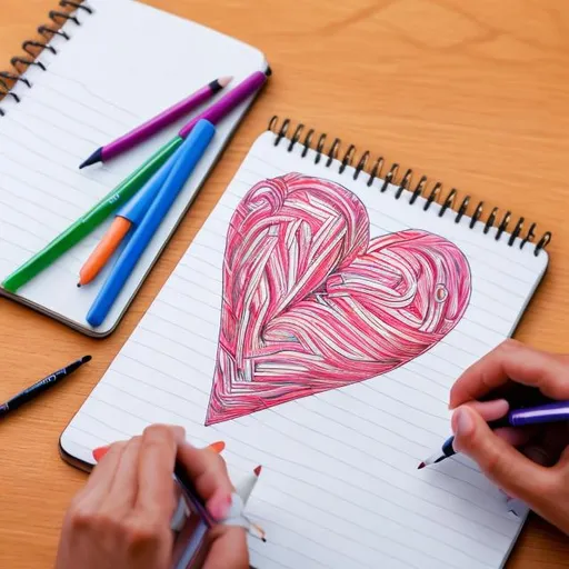 Prompt: A note pad with someone drawing an image. The image is of a heart (cartoon). There are writing utensils spread out like color pencils and crayons. The hand is of a child
