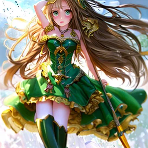 Prompt: (masterpiece), anime art, best quality, expressive eyes, perfect face, 1girl, fourteen years old girl, full body, long green hair, long hair, unbound hair, green right eye, blue left eye, heterochromatic eyes, standing, holding a pike, weapon, gauntlets, greaves, thigh highs armour, green dress with yellow ribbons, open front gown, green gown, choker with a green gem, strings connected to the body, strings going upward, giant hands above, black gloved hands above, strings emanating from the giant hands