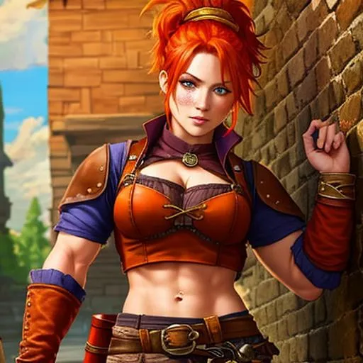 Prompt: fantasy, freckles,  Red orange haired messy bun, Tavern, brawl Fighter, muscular female,  simple middle ages blouse, Brown Baggy leather pants, determined expression 