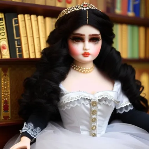 Prompt: An Iraqi woman turned into a porcelain doll wearing a victorian dress, sitting on a doll-shelf.