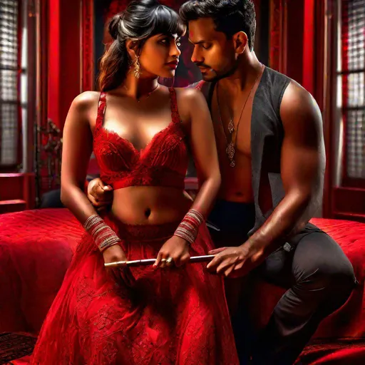 Prompt: Hyperrealistic hyperdetailed HDR photograph in dramatic lighting of couple, enacting bdsm scene in red room from movie 'fifty shades of Grey', wearing petticoat & blouse, indian, bindi & mangalsutra, sliding a riding crop through her deep exposed cleavage, detailed facial expression focused 