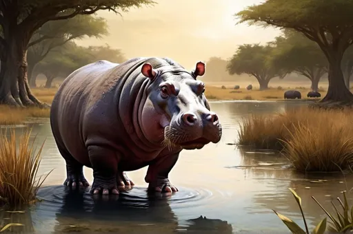 Prompt: Full-body, Fantasy Illustration of a hippo in a savanna pond, RPG-fantasy, intense, detailed, atmospheric, savanna background, hyperrealistic 