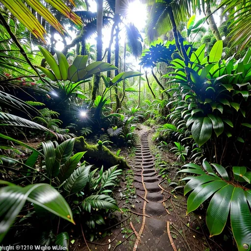 Prompt: Photo realistic,  As I trekked deeper into the jungle, the vegetation became thicker, and the path less clear. I had to use all of my senses to navigate the terrain, carefully stepping over roots and avoiding the sharp thorns of the plants that lined the way. The lush foliage was so thick that it blocked out the sun, creating a twilight world where every step could lead to a new discovery.