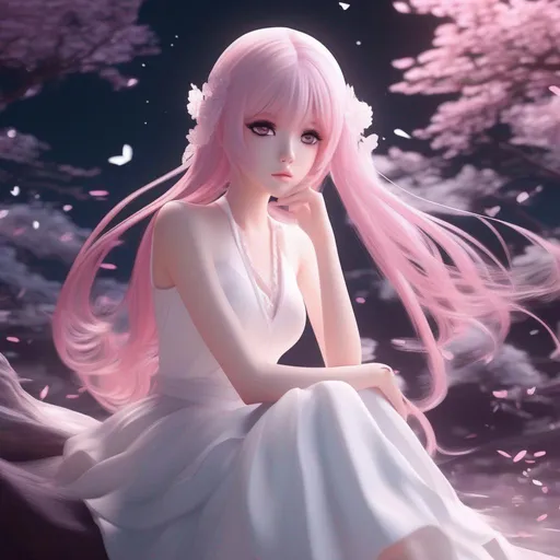 Prompt: 3d anime woman alone and sad pink hair and white dress with black empty eyes and beautiful pretty art 4k full HD