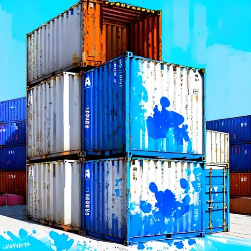 Prompt: A large shipping container, painted in a vibrant blue and white color scheme, is illuminated under bright sunshine. The container has multiple doors open and several ADR8 USA logos printed across it. In the background are more blue-and-white containers stacked together, with an array of other colorful containers scattered throughout the image. Artistic style notes: Realistic, bright colors, vivid detail. 