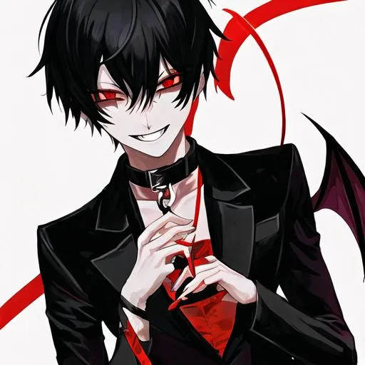 Prompt: Damien as a demon (male, short black hair, red eyes) wearing a collar and holding a leash pulling on it. grinning seductively, 