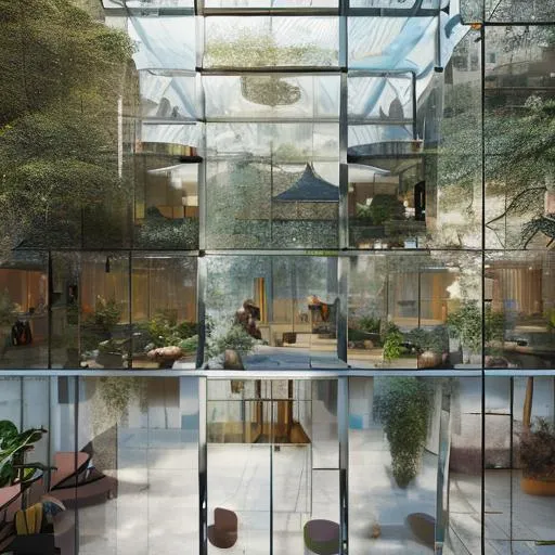 Prompt: three level interior glass atrium with clear reflective architectural glass wall, interior childrens landscape that looks like Wonkas chocolate factory with edible landscape, 8k octane render, photorealistic,