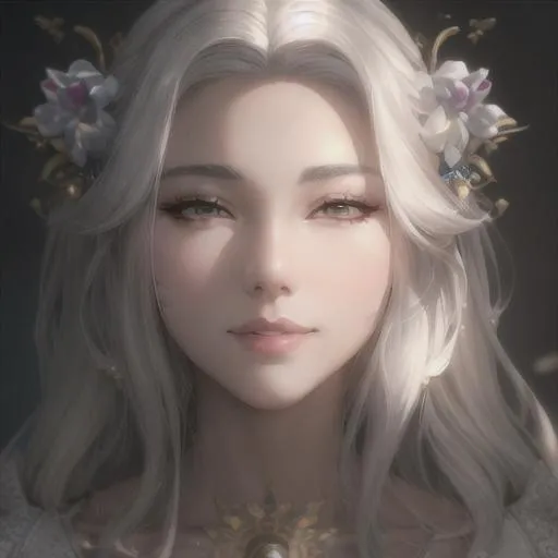 Prompt: Portrait of a Beautiful woman, kidmo face,cute, korean face, beautiful eyes, intricate silver hair, intricate, anime vibes, sun shadow effect, white skin, smiling, perfect body, perfect eyes, uhd, super detailed, hd, 4k,8k, unreal engine 8k octane,  lighting studio, trending on artstation, oil painting, fractal, perfect composition, hyperrealistic, Digital art by greg rutkowski, unreal engine, smooth face, 