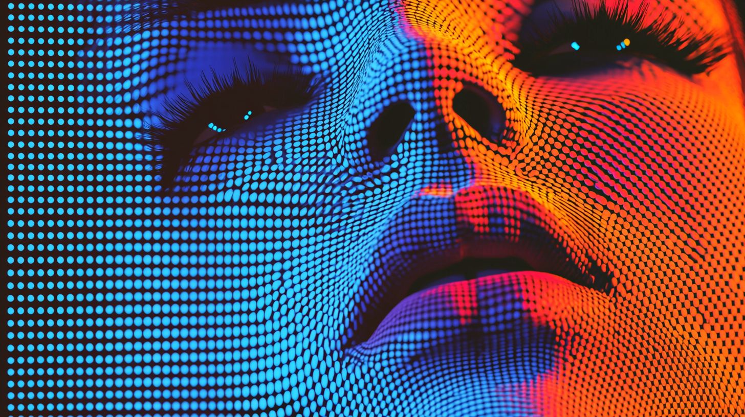 Prompt: 3d female face emerge from the digital dot matrix with variable colors