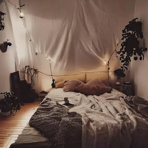 A photo of a cozy bedroom in the evening.