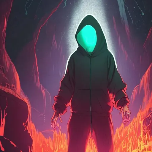 Prompt: A man wearing a pure white t-shirt and pure white shoes socks and sweat pants and a half cloak with the hood pulled over his head (his face hidden and covered by darkness) and his eyes are glowing red he has his arm extended with a glowing green infinity sign hovering above it. He is standing at the edge of a cliff with a village at the bottom on fire. In anime