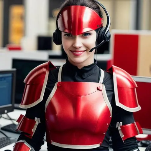 Prompt: advertising, a female telemarketer, wearing modern red armor