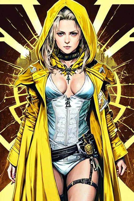 Prompt: (((Yoji Shinkawa))), sticker of ultra detailed portrait of Denise Gough, 67 years old, in yellow hooded magic robe. high quality cell shaded illustration in fantasy apocalyptic style by Yoji Shinkawa, ((full body)), dynamic pose, perfect anatomy, castle setting, magician, centered, freedom, soul, grey and blonde short hair, approach to perfection, cell shading, 4k , cinematic dramatic atmosphere, watercolor painting, global illumination, detailed and intricate environment, artstation, concept art, fluid and sharp focus, volumetric lighting, cinematic lighting, Art by Yoji Shinkawa,