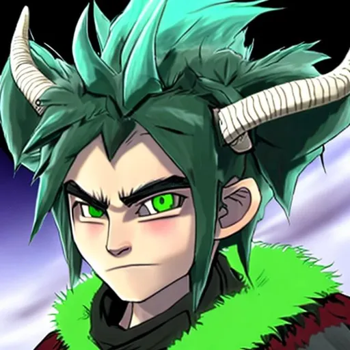 Prompt: A character that has horns and a monkey's tail that is. The horns were bulls with bright green peaks. the hair was brown with green tips the same color as the horn tips. A cap with white and green stripes covered his hair. On his right ear, he had a device that looked like a scouter used by Saiiyans. His eyes were brown with green pupils his cheeks were full of freckles and he had a nose. he was wearing a light green shirt with various symbols and hieroglyphs, a dark green jacket with soft green sleeves, and a dark green band under each shoulder. A black leather belt held the jeans in place, while green and blue knee pads protected the knees. The boots were military with two bands of dark green on each. The monkey's tail had a green tip, waving left and right