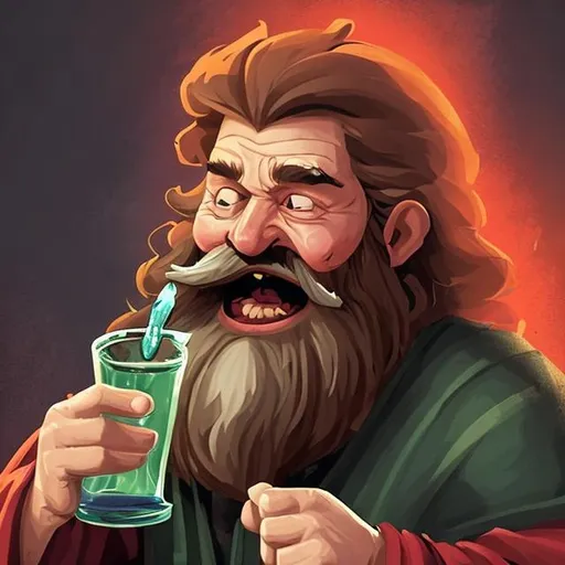Prompt: A heroic wizard with his jaw wide open as he pours a potion into it. He is drunk from all the potions he has drank. He is addicted to the potions. His hair and beard are red.
