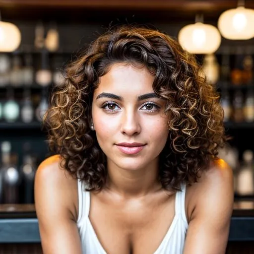 Prompt: hyperrealistic ultra detailed close up young italian woman take coffè at the bar. She has curly brown hair